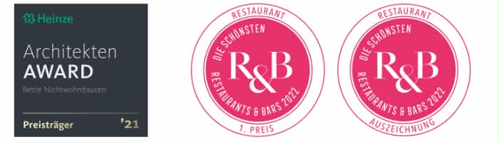 Auszeichnungen: Heinze Architekten Award 2021 Preisträger, R&B Die schönsten Restaurants & Bars 2022 – 1. Preis und Auszeichnung