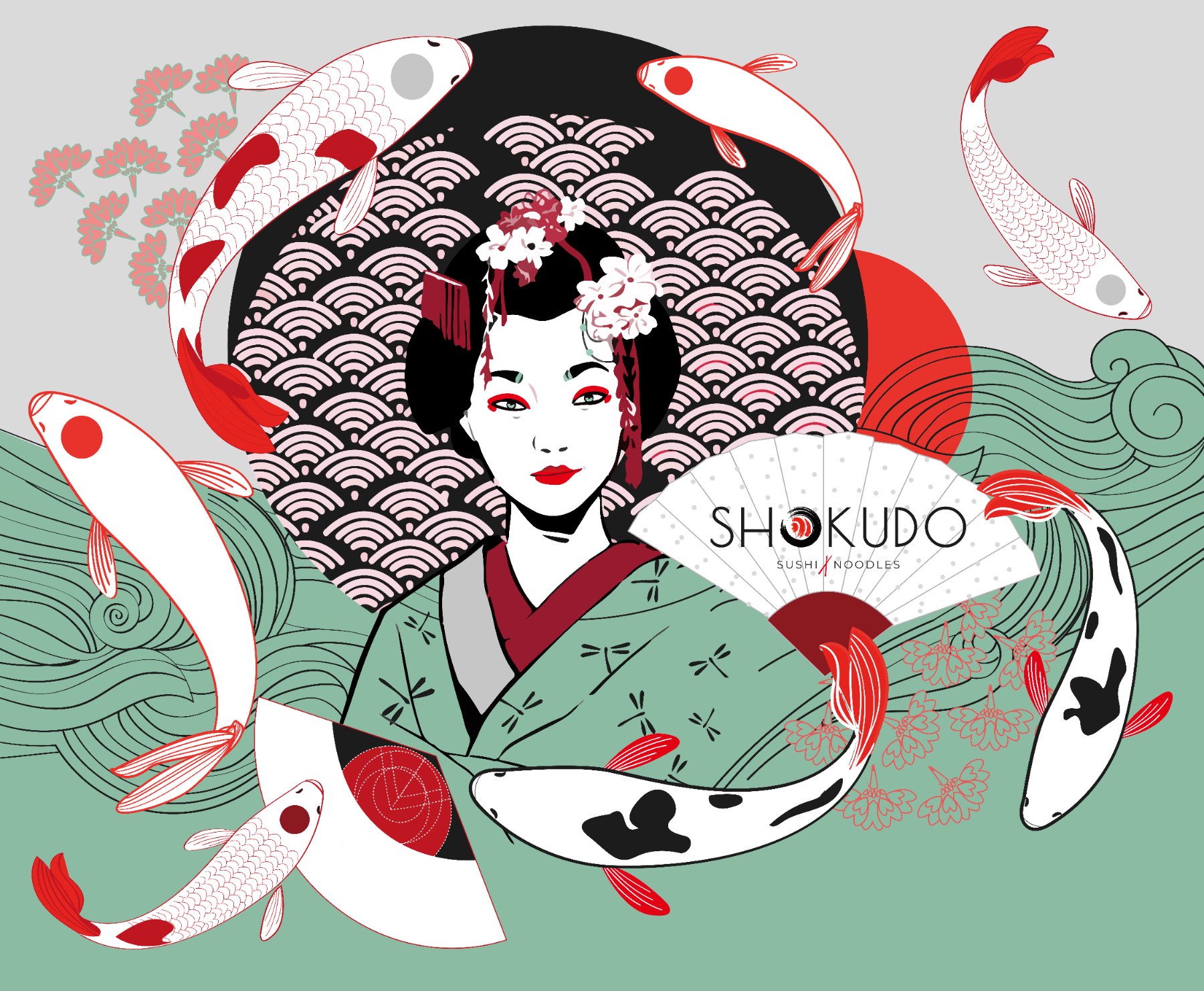 Wandbild: Frau im Kimono mit Fächer, Koi und Wellen